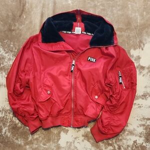 Pink VS Lightly Lined Faux Fur Hooded Bomber Jacket. Oversized S